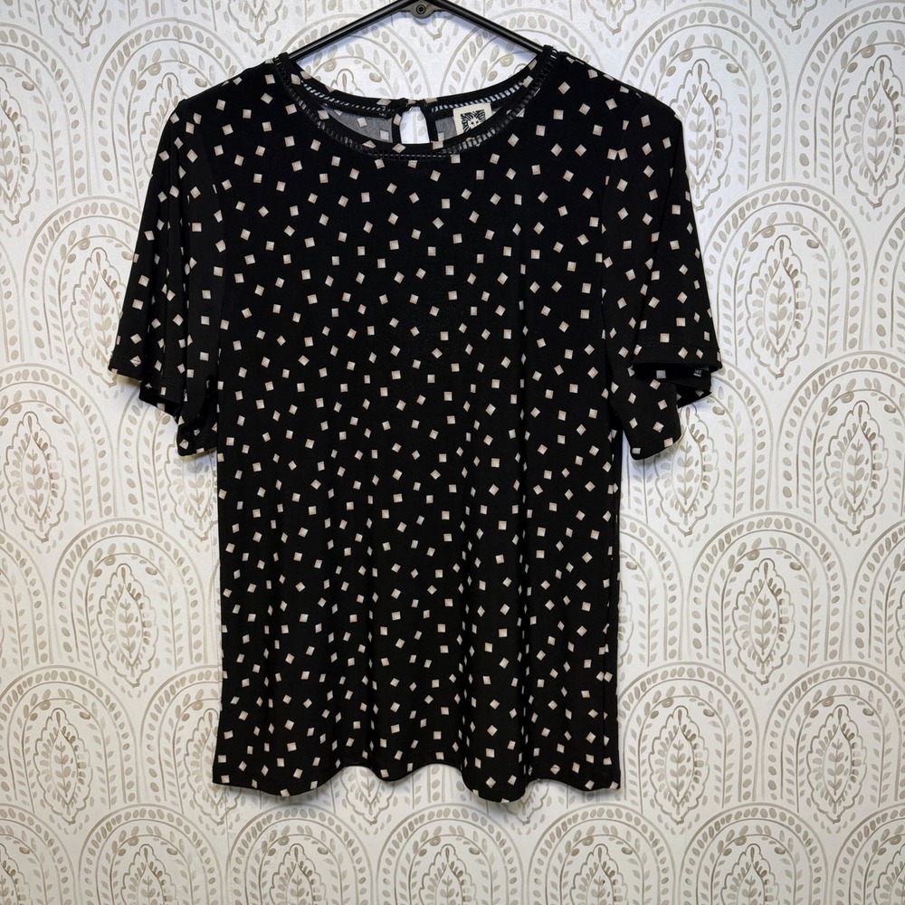 Anne Klein Black Geometric Square Print‎ Short Sleeve Blouse Keyhole Back Small